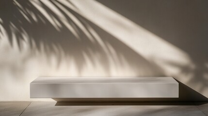 Smooth white podium in dappled sunlight, with tropical palm shadows creating an elegant play of light on the wall. Minimalistic design, straight-on view. 