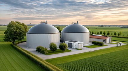 Aerial composition of a carbon-neutral biogas plant with transparent digester domes, automated hopper inlets, pressure relief valves, and surrounding crop rotation plots for sustainable soil