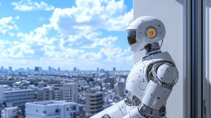 A humanoid robot gazes over a modern cityscape from a high vantage point under a bright, blue sky.
