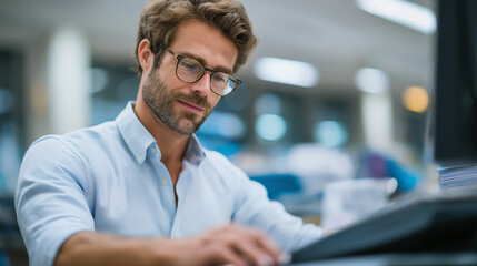 Obraz premium Professional Accountant Calculating Invoice in Organized Office