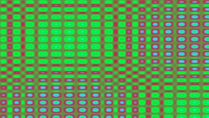 Abstract pattern of vibrant green, pink, and blue circles on a muted olive background, creating an optical illusion of depth and movement