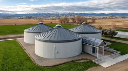 High-angle drone image of a circular biogas complex with methane recovery tanks, PV canopies shading access roads, sustainable drainage swales, and organic waste sorting yard in a green corridor