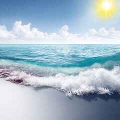Fototapeta premium Ocean wave rolling onto sandy beach under clear blue sky during daytime with calm sea background.