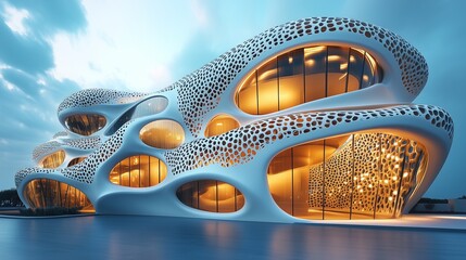 Futuristic Organic Architecture Building on Water with a Dramatic Sky

