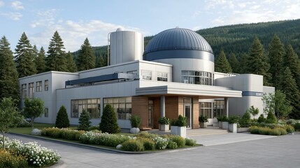 Fototapeta premium Top-down shot of a modern sustainable biogas facility with circular reactor domes, renewable energy microgrid connections, rainwater harvesting ponds, and surrounding wildflower pollinator strips