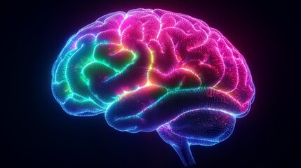 Glowing Digital Brain with Vibrant Colors on a Dark Background

