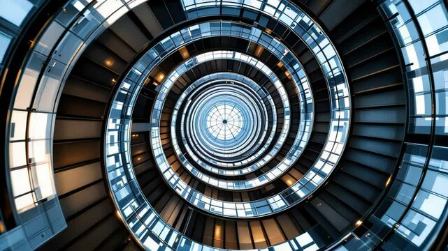 Looking upward inside spiral staircase with concentric metal rings and skylight at the top. Concept of perspective and architectural design