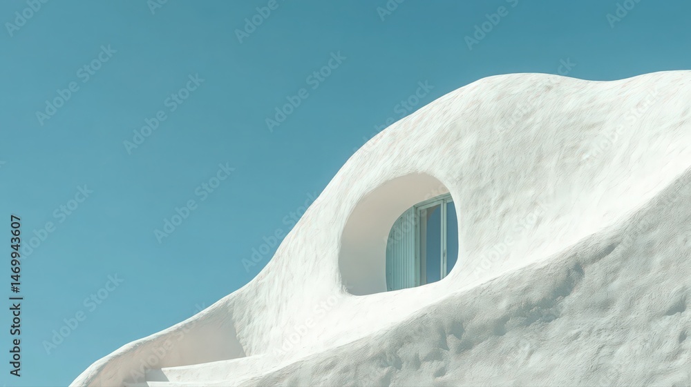 Poster whitewashed building with organic curves and round window