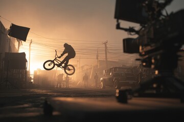 Naklejka premium A BMX biker soars through the air, capturing a dynamic stunt set against a golden sunset on a film set.