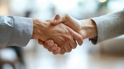 A closeup showcases a strong handshake between two business professionals, symbolizing agreement and trust, set against a soft, blurred background for focus and depth.