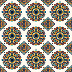 Seamless Mandala Floral Pattern with Oriental Traditional Motifs.