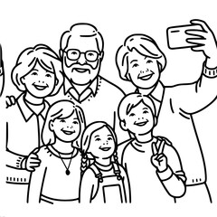Family group of grandma, grandpa, mom and kids smiling for selfie in funny sketch style, vector one line outline