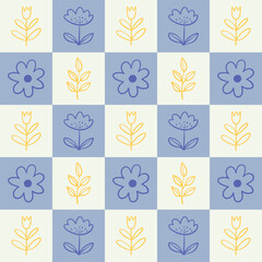 Seamless floral pattern with hand drawn doodle flowers and leaves in geometric checkered layout. Minimal flat style in pastel blue and yellow. Perfect for textiles, packaging, and stationery.