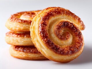 A delectable stack of golden brown pastry swirls showcases flaky layers and a sweet sugary crust perfect for breakfast or a delightful snack.