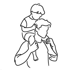 Obraz premium Father carrying three years old child on shoulders in simple line drawing, vector outline of one line