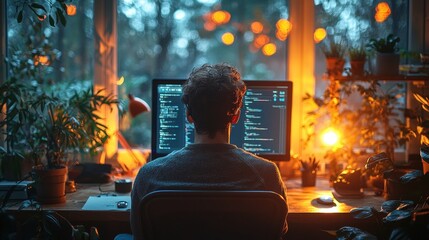 A programmer works on code at his computer in a cozy room with indoor plants and soft lighting, facing the monitor with his back to the viewer at dusk.