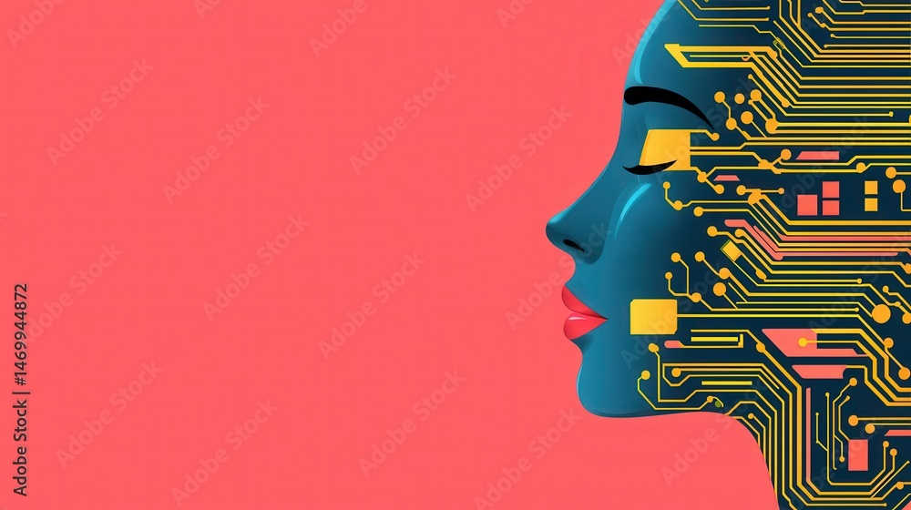 Poster A futuristic human face blends with digital circuitry, symbolizing artificial intelligence and technology integration on a vibrant red background.