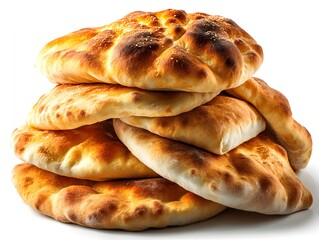A delicious stack of freshly baked golden brown pita breads isolated on a pure white background perfect for food blogs and recipe websites.