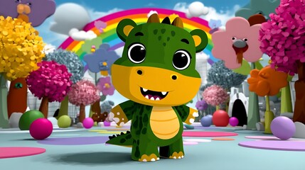 Fototapeta premium Cartoon dragon smiling, colorful world backdrop with rainbow