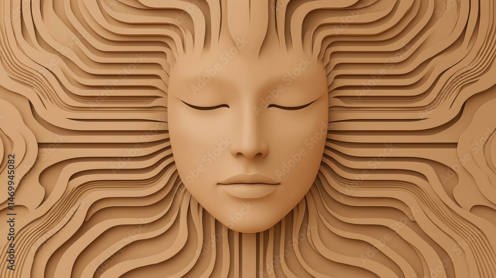 Poster A serene face with closed eyes is formed from layered, sculpted paper or material, creating a harmonious and artistic visual effect.