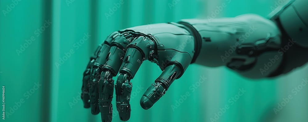Poster a robotic hand with intricate details is extended forward, highlighted against a teal background.