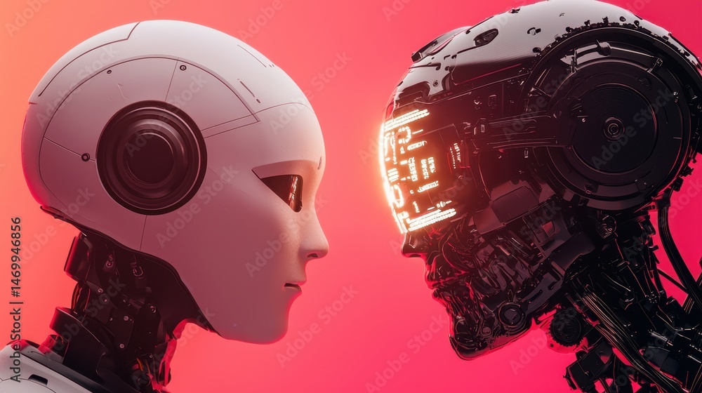Poster Two futuristic robots face each other against a vibrant pink background, symbolizing advanced technology and artificial intelligence.