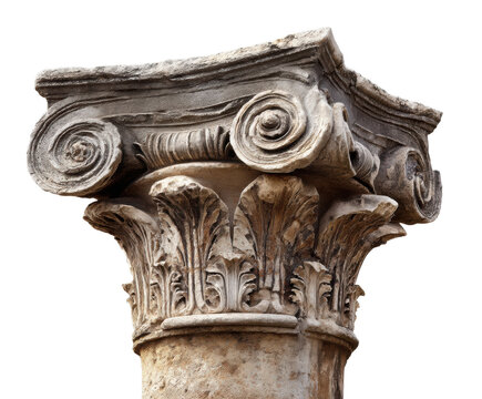 Historic Corinthian column detail in classical architecture setting on a transparent background, cut out