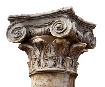 Historic Corinthian column detail in classical architecture setting on a transparent background, cut out