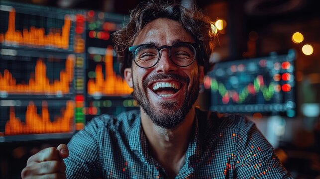 A joyful young man with glasses celebrates financial success while surrounded by stock market charts and data on multiple computer screens in the background.