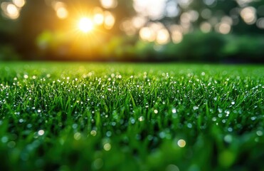 Naklejka premium Dew-kissed Grass at Sunrise