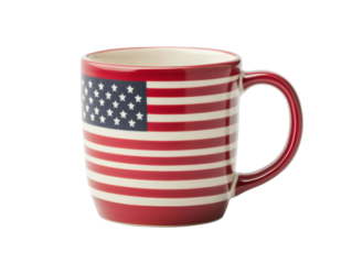 American flag coffee mug for patriotic celebrations and events on a transparent background, cut out