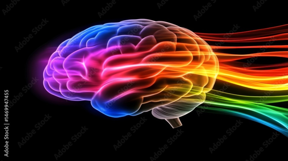 Poster a captivating image of a brain illuminated by colorful lights, creating a dynamic effect that symbol