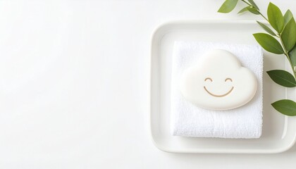 Relaxing spa treatment with cloud-shaped soap bathroom product display minimalistic top view wellness concept