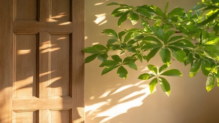 Obraz premium Wooden Door Sunlight Shadows On Beige Wall With Green Leaves