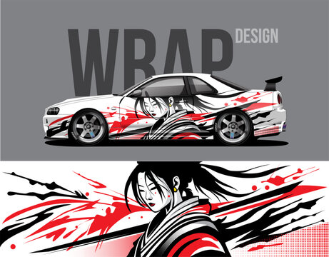Japanese Street Art Car Wrap with Samurai Girl Illustration in Red, Black and White Vector Style