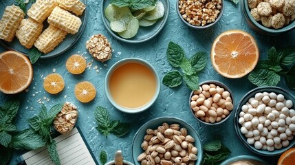An overhead shot shows a variety of healthy snacks like fruits, nuts, and wafers artistically arranged on a textured blue surface, promising a nutritious treat.