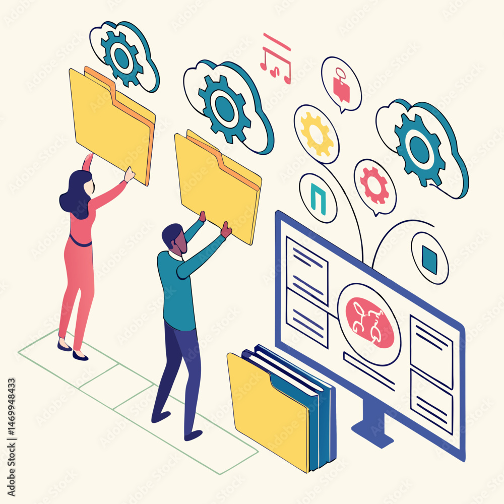 Poster teamwork in cloud computing illustrative concept with data files and folders