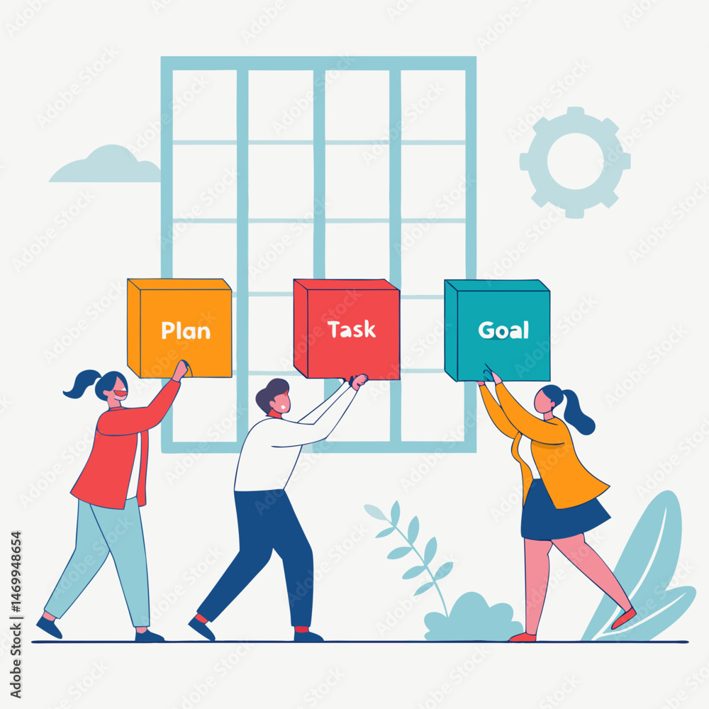 Poster teamwork and goals illustrated with characters and building blocks with white background