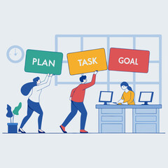 Teamwork building a goal step by step with plan and task progress illustration