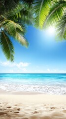 Sunny beach scene with palm trees and clear blue ocean under a bright daytime sky.