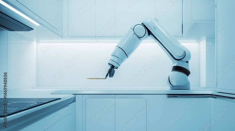 Poster a sleek robotic arm operates in a modern, futuristic kitchen setting, highlighting advanced home aut