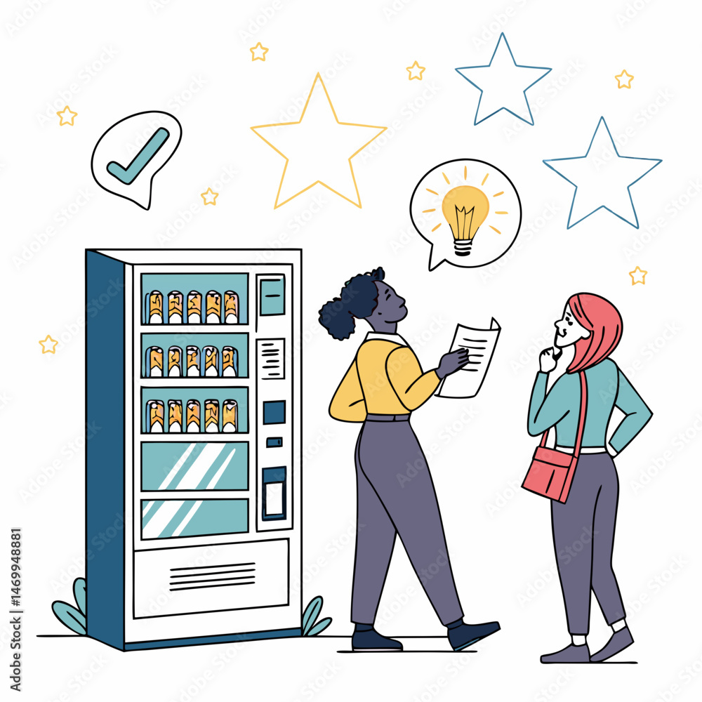 Poster three professional colleagues exploring a vending machine with business idea symbols