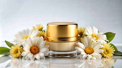  Cream jar decorated with white and yellow flowers around it in a studio with a white background