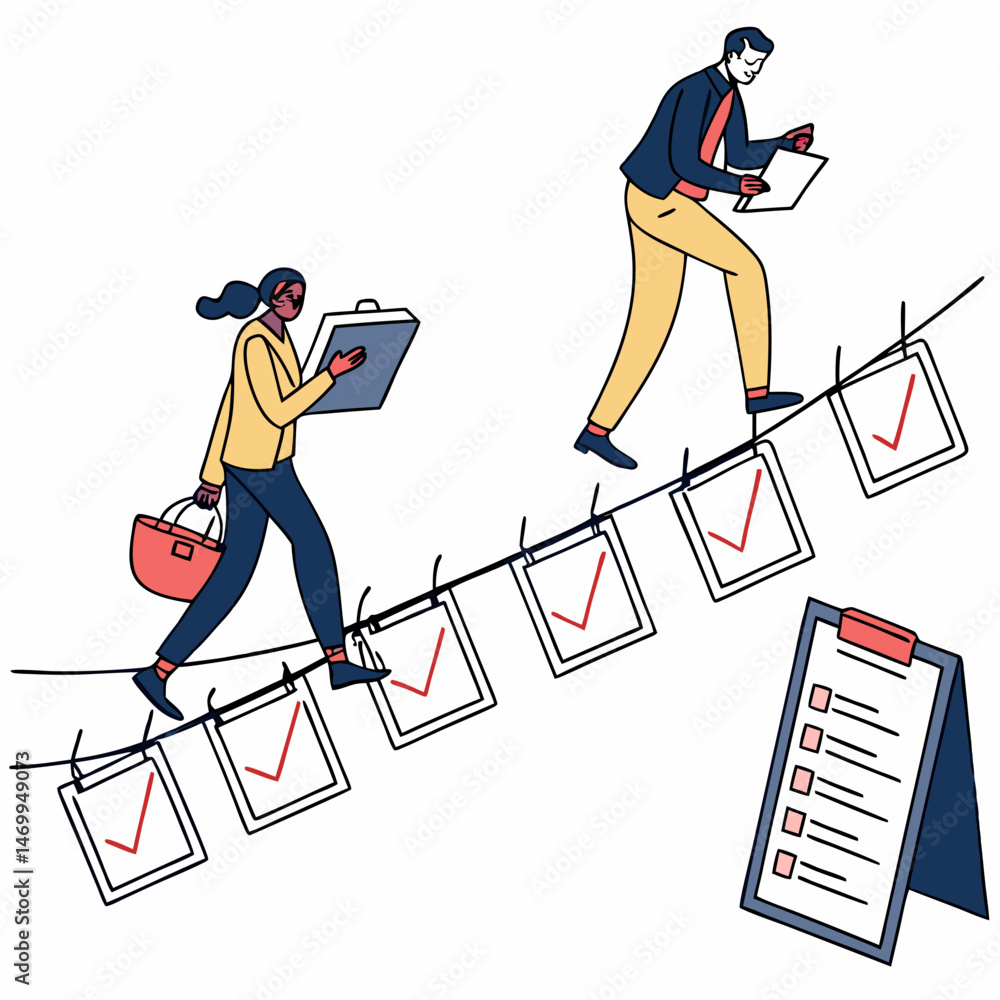Aufkleber isometric illustration of people navigating a checklisted process and parallel paths