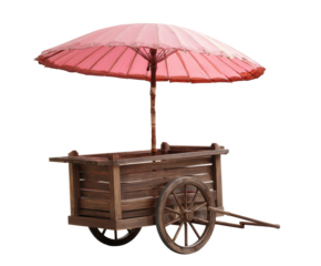 Wooden cart with pink umbrella for outdoor markets or events on a transparent background, cut out