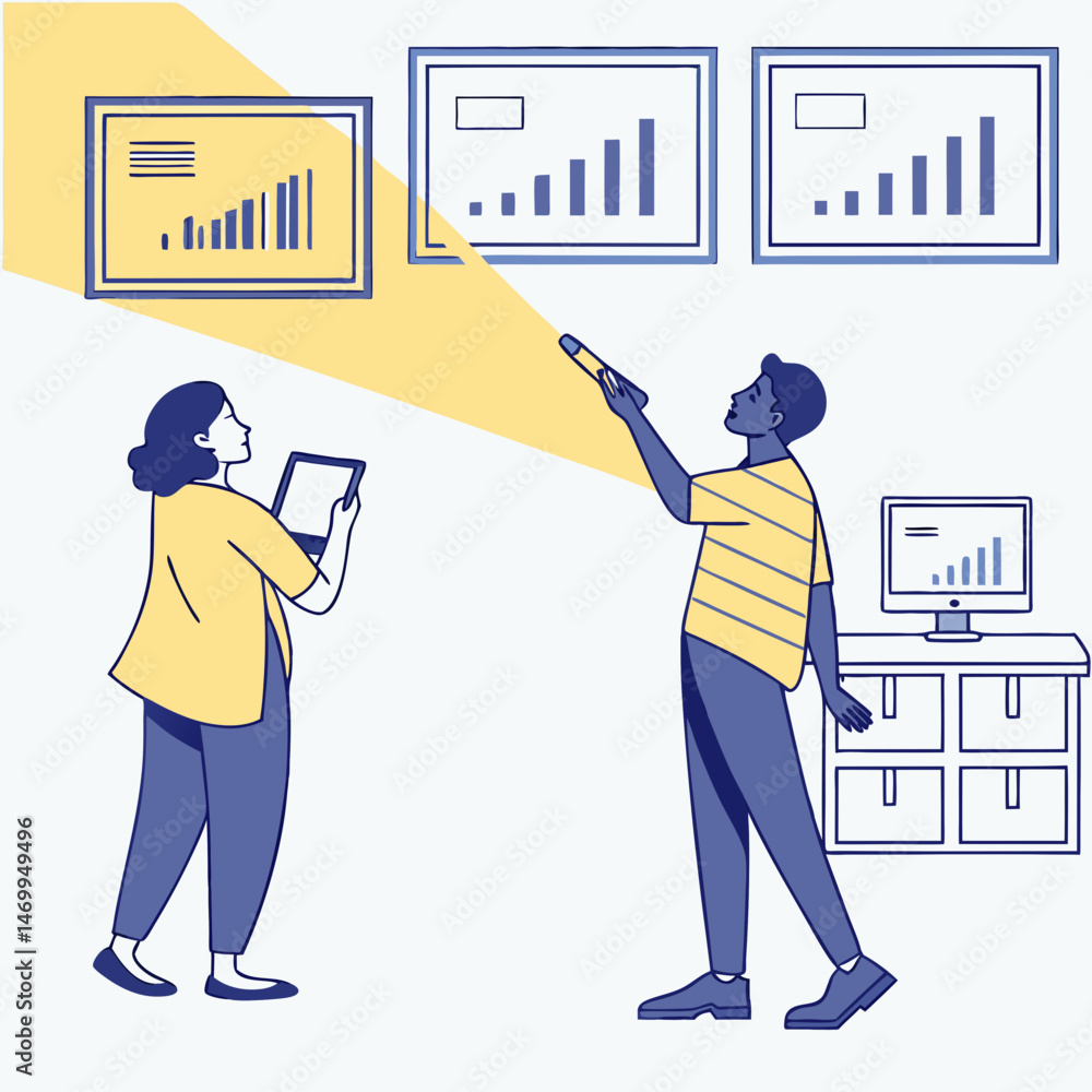 Poster team working together to analyze data and improve business performance visually