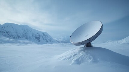 Arctic Station Extreme Concept, Satellite Receiver Struggling to Function in Frozen Landscape with Snowy Mountains in Background