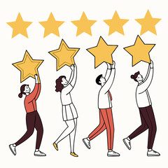 People rating five stars for excellent service customer satisfaction feedback