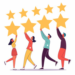 Team achieving success people holding stars illustration on white background