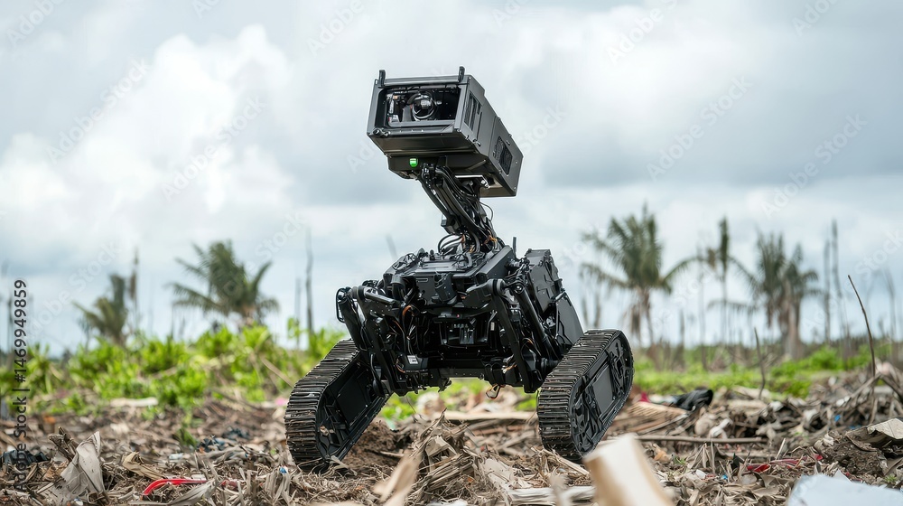 Poster A tracked robot explores a debris-strewn outdoor environment with palm trees and cloudy skies in the background.
